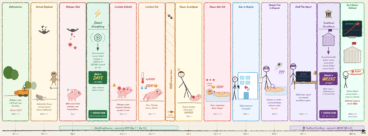 Timeline comparing DetectEverything early warning with traditional outbreak surveillance
